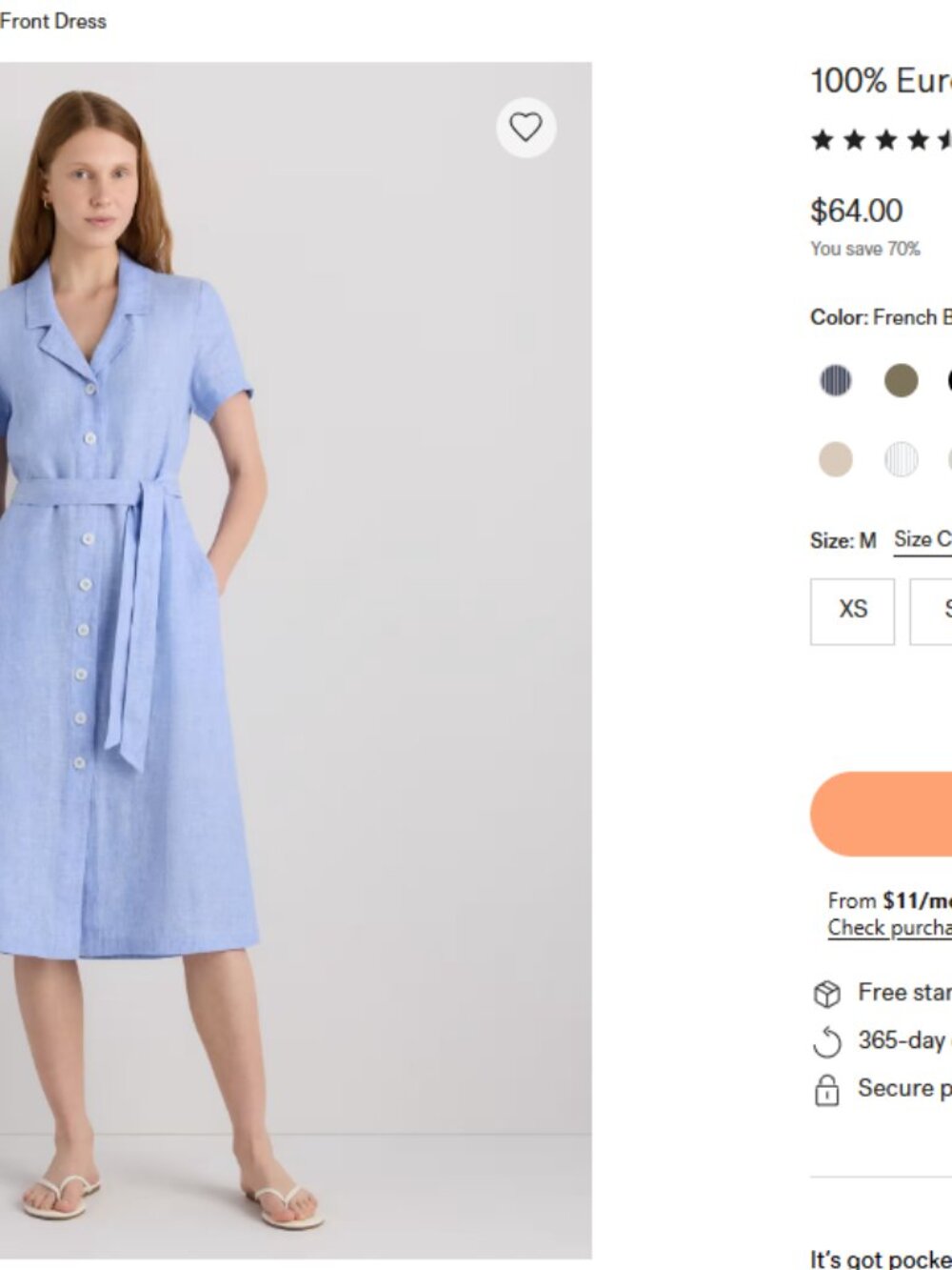Quince 100% European Linen Button Front Dress French Blue - XL - Picture 6 of 6